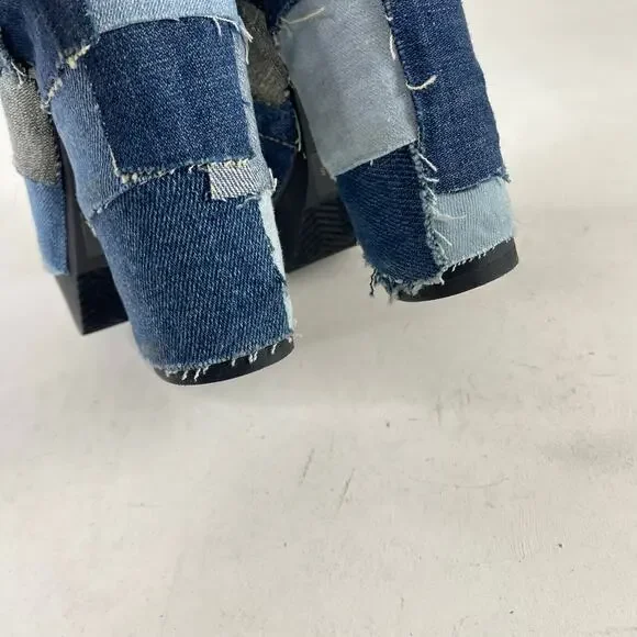 Retro Qupid Patchwork Denim Peep Toe Chunky Slip On Block Heel Mules Sz 7 - Picture 8 of 11